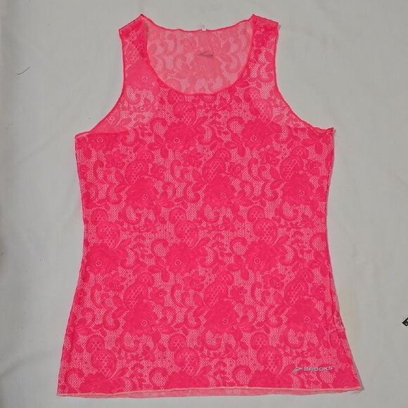 Brooks Tops - Brooks Sheer/mesh, Bright Pink Lace Tank Top S NWOT!